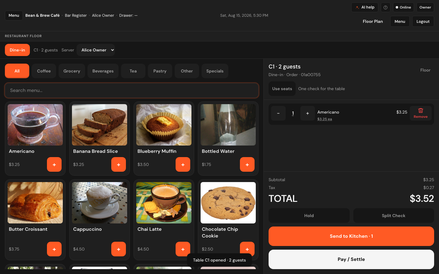 The restaurant order screen: category tabs and a menu grid on the left, the table's ticket on the right with totals, Hold, Split Check, Send to Kitchen and Pay / Settle.