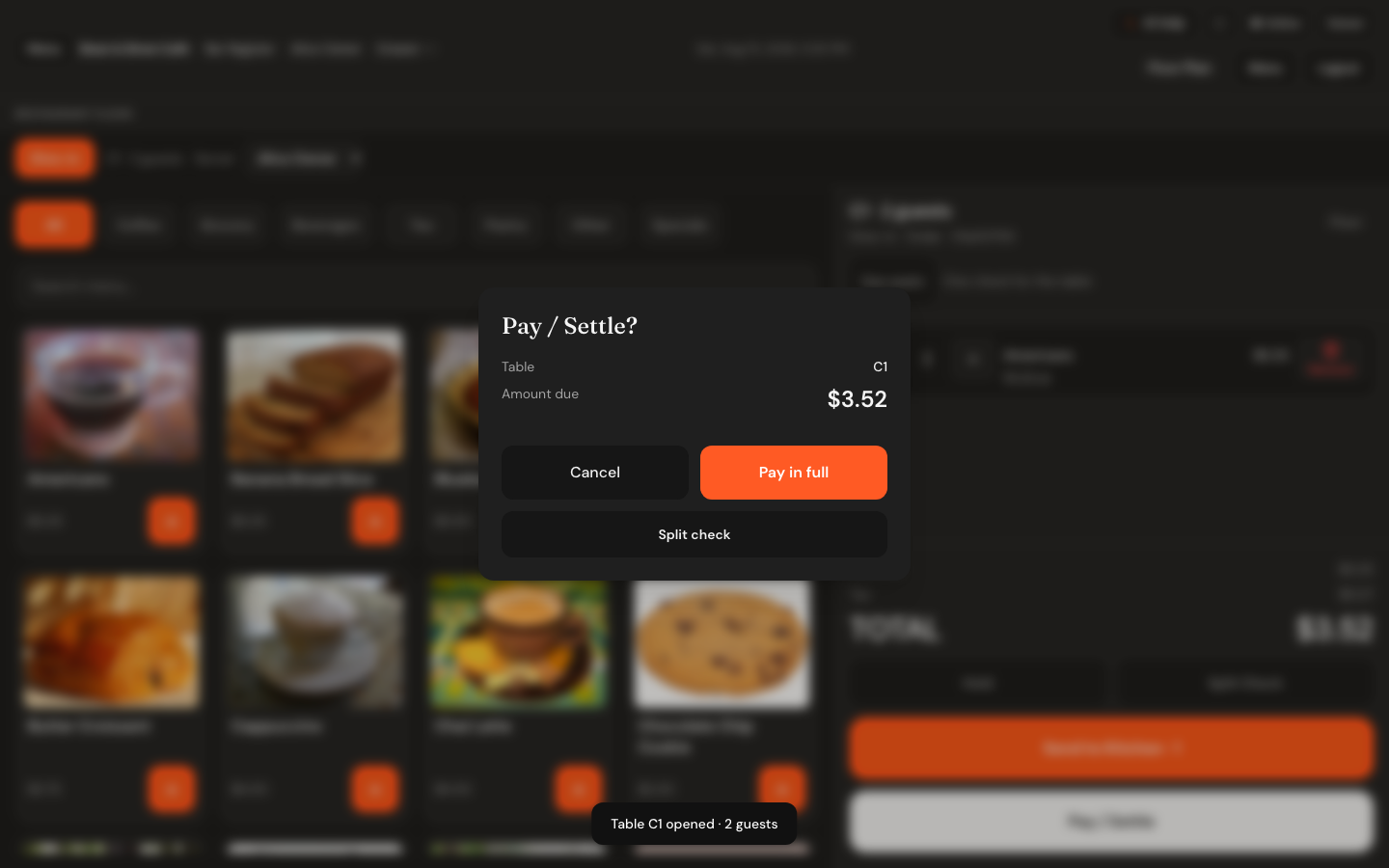 The Pay / Settle dialog showing Table C3, Amount due $3.52, and Cancel, Pay in full and Split check buttons.