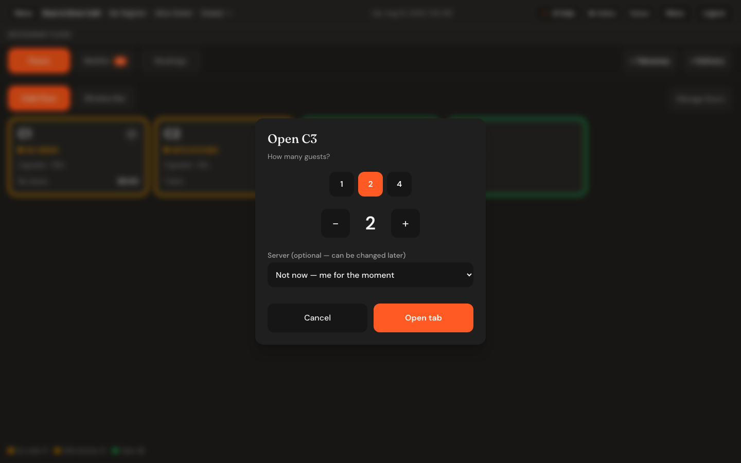 The Open table dialog asking How many guests, with preset buttons, a large guest counter, a server dropdown and Cancel and Open tab buttons.