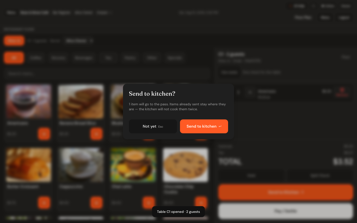 The Send to kitchen confirmation dialog explaining that one item will go to the pass and already-sent items stay where they are, with Not yet and Send to kitchen buttons.