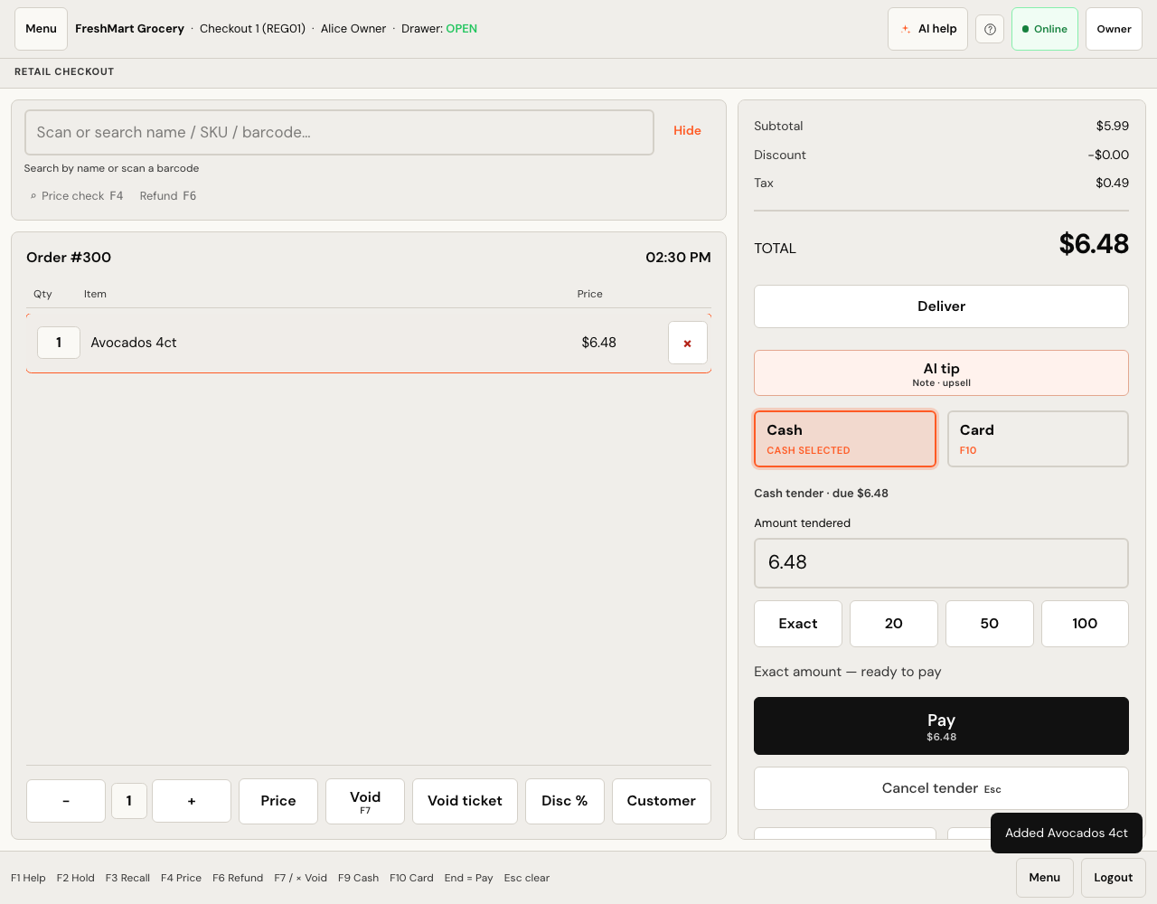 The till with cash tender open, showing Amount tendered 6.48, Exact / 20 / 50 / 100 buttons, and Exact amount — ready to pay.