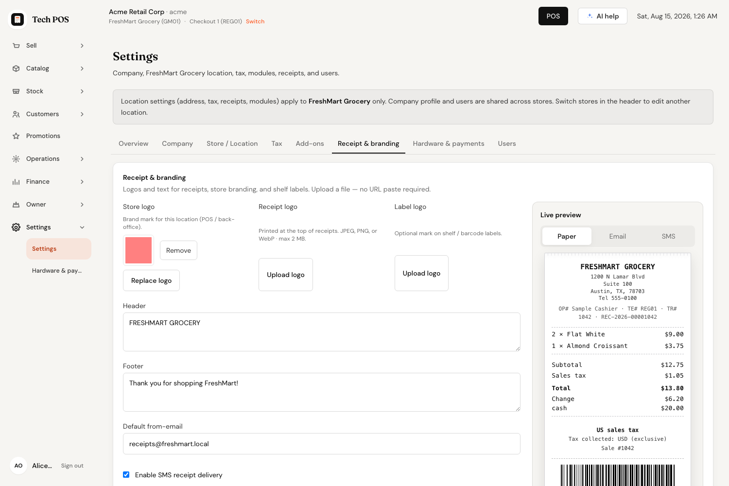 The Settings page with the tab row Overview, Company, Store / Location, Tax, Add-ons, Receipt and branding, Hardware and payments, Users — showing the Receipt and branding tab with a live paper receipt preview.