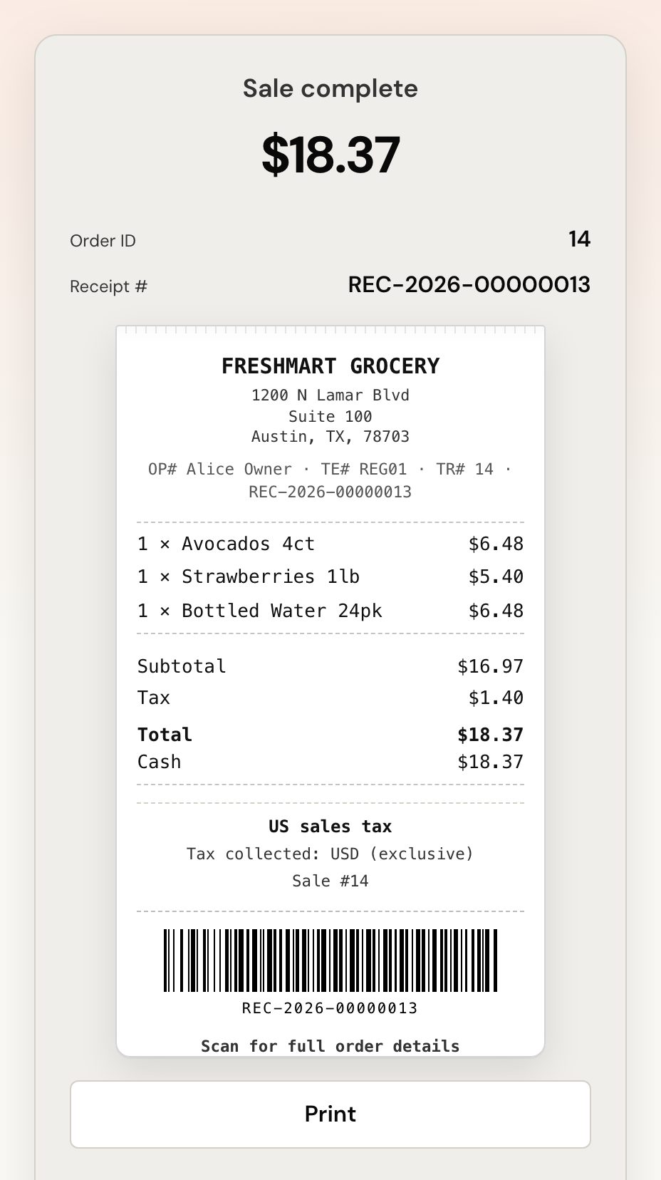 The till after payment: $18.37 taken in cash, and the printed receipt beneath it showing the shop’s name and address, the three items, the tax line and a scannable barcode.