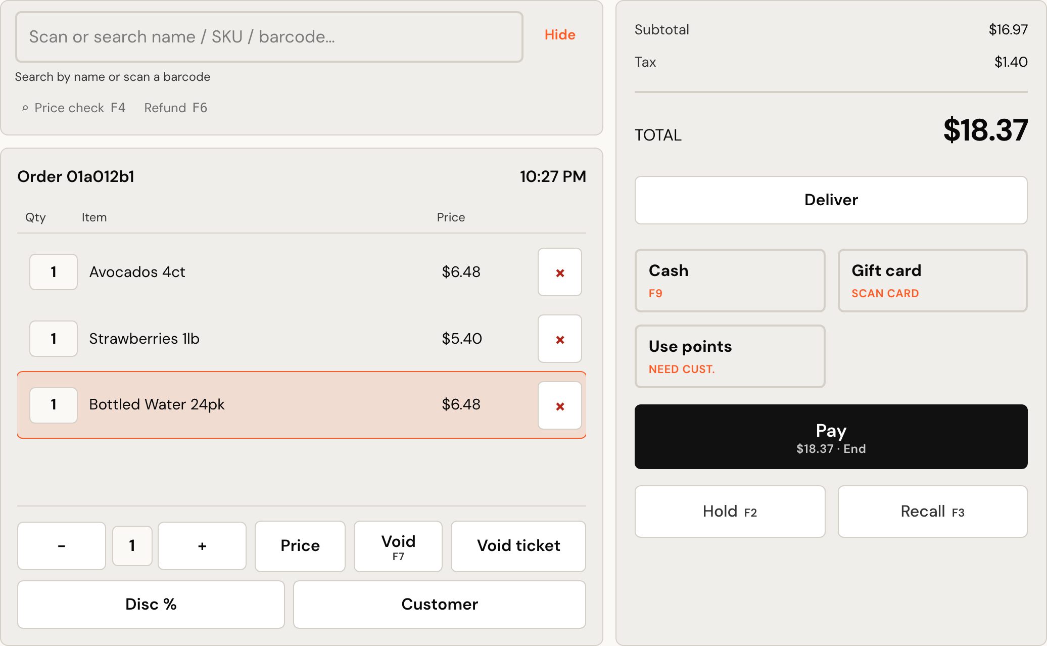 The retail till mid-sale: three scanned lines on the ticket — avocados, strawberries and bottled water — beside the running subtotal, tax and an $18.37 total, with cash, gift card and pay to the right.